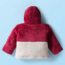 Babyhug Fur Knit Full Sleeves Hooded Color Block Winter Wear T-Shirt & Lounge Pant Set With Polka Dot Design - White & Wine image 3