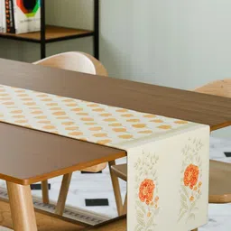 Eyaas White & Yellow Two Marigold Buta Block-Printed Cotton Table Runner-picture-34