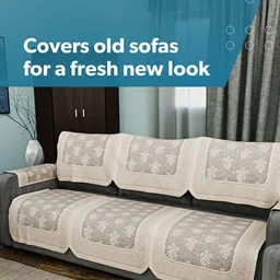 RUBOXA Coffee Brown & Cream Colored 16 Pieces Cotton 5 Seater Sofa Cover With Arms image 3