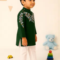 Cae Boys Floral Embroidered Regular Thread Work Dupion Silk Kurta with Pyjamas image 2