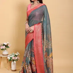 Suraj pari singh Ethnic Motifs Printed Zari Patta Linen Cotton Saree & Blouse Piece image 2