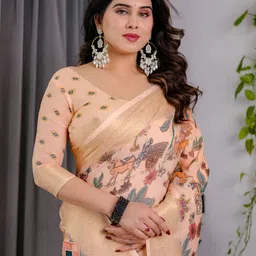 AVANTIKA FASHION Pure Linen Ethnic Motifs Printed Zari Kanjeevaram Saree With Blouse image 4