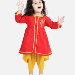 BownBee Full Sleeves Peacock Feather Embroidered Lace Detailing Kurta & Solid Dhoti Pants Set - Red-picture-27