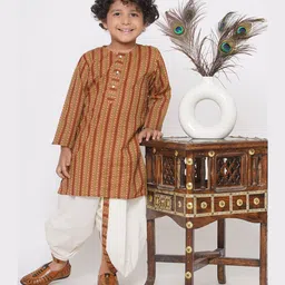 Little Bansi Bengali Print Kurta With Pearl Button & Dhoti - Brown-image-0
