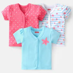 Babyhug 100% Cotton Interlock Half sleeves Front Open Vest Star Print Pack of 3- Blue & Pink-picture-13
