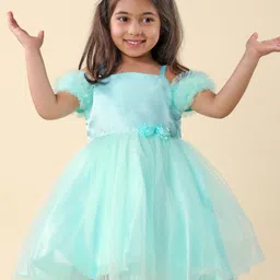 Babyhug Sleeveless Frill & Floral Detailing Solid Colour Fit & Flared Party Frock - Mint-picture-21