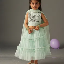 KIDSDEW Mesh Sleeveless Floral Embroidered & Shimmer Embellished Lehenga Choli With Dupatta Set - Mint-picture-21