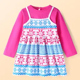 Babyhug Single Jersey Knit Floral Printed Frock with Full Sleeves Inner Tee - White & Dark Pink-picture-34