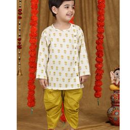 Polka Tots Cotton Full Sleeves Floral Printed Kurta With Dhoti - Yellow-picture-12