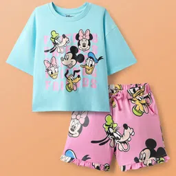 Pine Kids Disney Single Jersey Knit Oversize Drop Shoulder Half Sleeves Shorts Night Suit with Minnie & Friends Graphics - Light Blue & Pink-image-49
