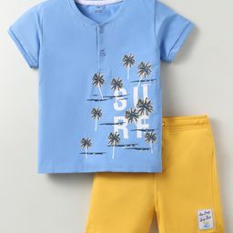 CUCUMBER Sinker Knit Half Sleeves Henley Neck T-Shirt & Shorts Set With Beach Theme Print - Blue & Yellow-picture-12