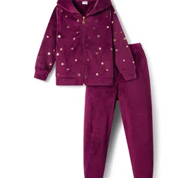Babyhug Velour Woven Full Sleeves Hooded Winter Wear Suit Set with Start Foil Print - Wine-picture-12