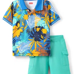 Babyhug Single Jersey Knit Half Sleeves Polo T-Shirt & Shorts Set with Tropical Theme Print - Blue-picture-21