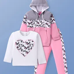 Mark & Mia Terry Knit Full Sleeves Cut & Sew Winter Wear Hooded SweatJacket & Lounge Pant Set with T-Shirt & Cheetah Print - Pink-picture-20