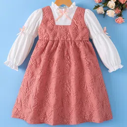 Mark & Mia Cotton Full Sleeves Winter Frock With Floral Embossed Textured With Bow Applique - Pink & White-picture-28