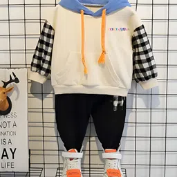 Googo Gaaga Cotton Knit Full Doctor Sleeves Colour Blocked Hooded Sweatshirt With Joggers Set - Cream-image-7