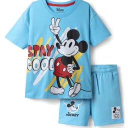 Honeyhap Disney 100% Cotton Half Sleeve Oversize Drop Shoulder T-Shirt & Shorts With Mickey Mouse Graphics And Badge Detailing - Blue image 2