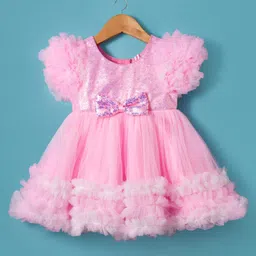 Babyhug Woven Sleeveless Mesh Party Dress With Sequin Detailing & Bow Applique - Pink & White image 2