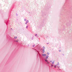 Babyhug Woven Sleeveless Mesh Party Dress With Sequin Detailing & Bow Applique - Pink & White image 4