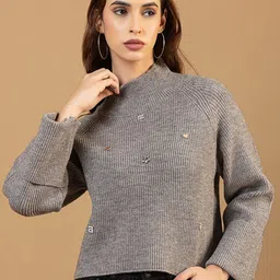 all about you Women Ribbed High Neck Woollen Pullover with Embellishments-picture-38