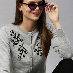 HERE&NOW Women Grey Embroidered Cardigan Sweater-picture-35