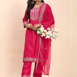 DIVASTRI Women Ethnic Motifs Embroidered Regular Thread Work Pure Silk Kurta with Trousers & With Dupatta image 3