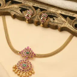 Fida Ethnic Gold-Plated Red & Green Stone Studded Classic Pendant Choker Necklace Set for Women-image-43