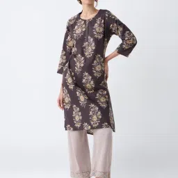 Utsa by Westside Dark Brown Foliage Printed Straight Cotton Kurta image 3