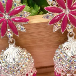 MEIRA JEWELLERY Silver-Plated Artificial Stones Studded & Beaded Dome Shaped Jhumkas image 2