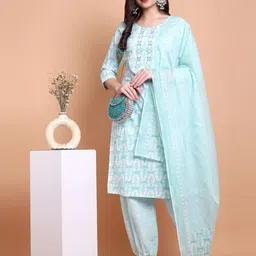 WILL BOTTOM Women Floral Printed Regular Thread Work Pure Cotton Kurta with Trousers & With Dupatta-image-11