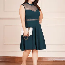 AMEEZA Self Design Mock Neck No Sleeves Sheen Fit & Flare Cotton Dress image 4