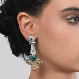 Auraa Trends Antique Tribal Dual-Tone Earrings With Green Stone And Pearl Dangling-picture-36
