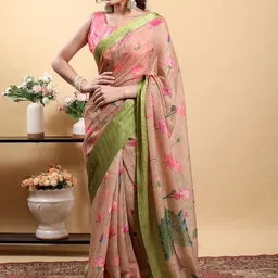 AWRIYA Floral Printed Linen Blend Zari Saree-picture-13