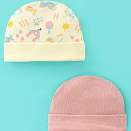 Ben Benny Cotton Knit Caps Solid & Farm Theme Print Yellow & Peach Pack of 2 - Diameter 9 cm-picture-23