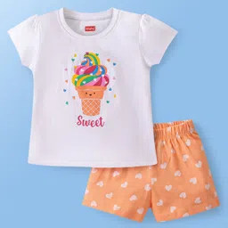 Babyhug Single Jersey Cotton Knit Ice Cream Printed Night Suit - White & Orange-image-94