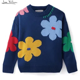 arias by lara dutta Arias Knitted Full Sleeves Pullover Sweater with Floral Design - Navy Blue-picture-15