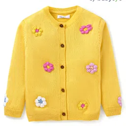 Babyoye Cotton Lurex Knit Full Sleeves Front Open Sweater with Floral Embroidery - Yellow-picture-20
