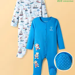 Babyoye Interlock Knit Full Sleeves Sleep Suits With Nautical Them & Animal Print Pack of 2 - Blue & White-picture-28