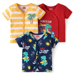 Babyhug Interlock Knit Half Sleeves Front Open Vests with Beach Theme Print & Stripes Pack of 3 - Red Navy Blue & White-picture-36