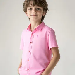 Primo Gino 100% Cotton Oxford Woven Half Sleeves Solid Color Shirt With Logo Embroidery Detailing - Pink-picture-25