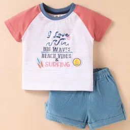 ToffyHouse Interlock Knit Half Raglan Sleeves T-Shirt & Shorts Set With Surfing Print - Beige & Blue-image-12