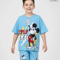 Honeyhap Disney 100% Cotton Half Sleeve Oversize Drop Shoulder T-Shirt & Shorts With Mickey Mouse Graphics And Badge Detailing - Blue-image-7