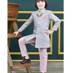 Ahhaaaa Jacquard Full Sleeves Floral Foil Printed Indo Western Sherwani & Pant Set - Pink image 1