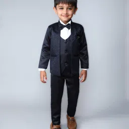 Fourfolds Cotton Full Sleeves Threadwork Embroidered 3 Piece Party Suit Set With Bow - Navy Blue-picture-32