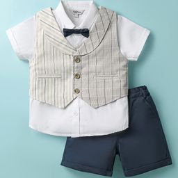 ToffyHouse Poplin Woven Half Sleeves 3 Piece Party Suit With Bow - Navy Blue & White-picture-10
