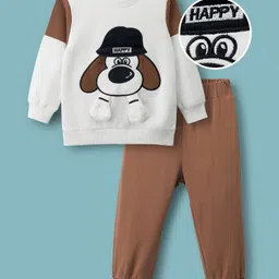 Mark & Mia Cotton Full Sleeves Winter Wear T-Shirt & Joggers Set With Doggy Applique - White & Brown-picture-30