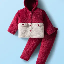 Babyhug Fur Knit Full Sleeves Hooded Color Block Winter Wear T-Shirt & Lounge Pant Set With Polka Dot Design - White & Wine-picture-10