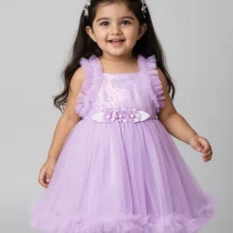 Babyhug Woven Sleeveless Mesh Party Dress With Floral Applique & Sequin Detailing On Yoke - Lavender-picture-28