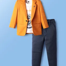 Dapper Dudes Street Sports Text Printed Tee & Trousers With Full Sleeves Blazer Set - Mustard-picture-24