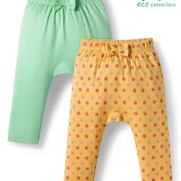Babyoye 100% Cotton Knit with Eco Jiva Finish Full Length Diaper Leggings with Floral Print & Bow Applique Pack of 2 - Light Green & Yellow-picture-33